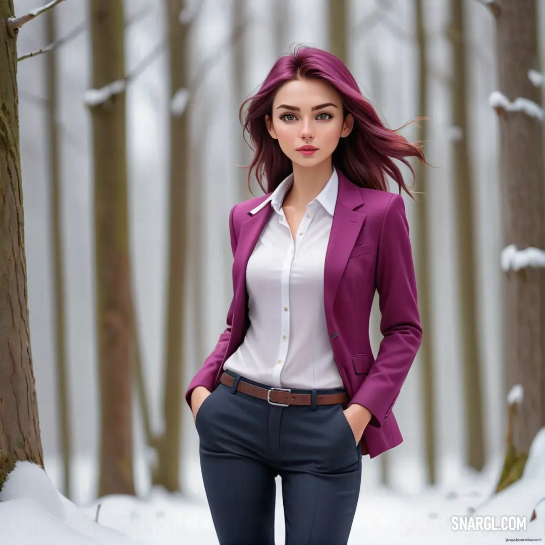 Woman in a purple jacket and white shirt standing in the snow in front of a tree trunk with her hands in her pockets