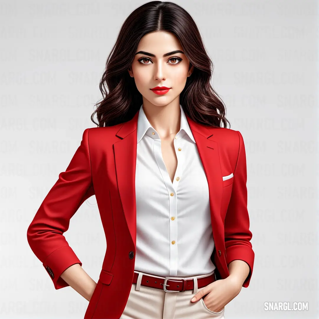 Woman in a red jacket and white shirt is posing for a picture with her hands on her hips