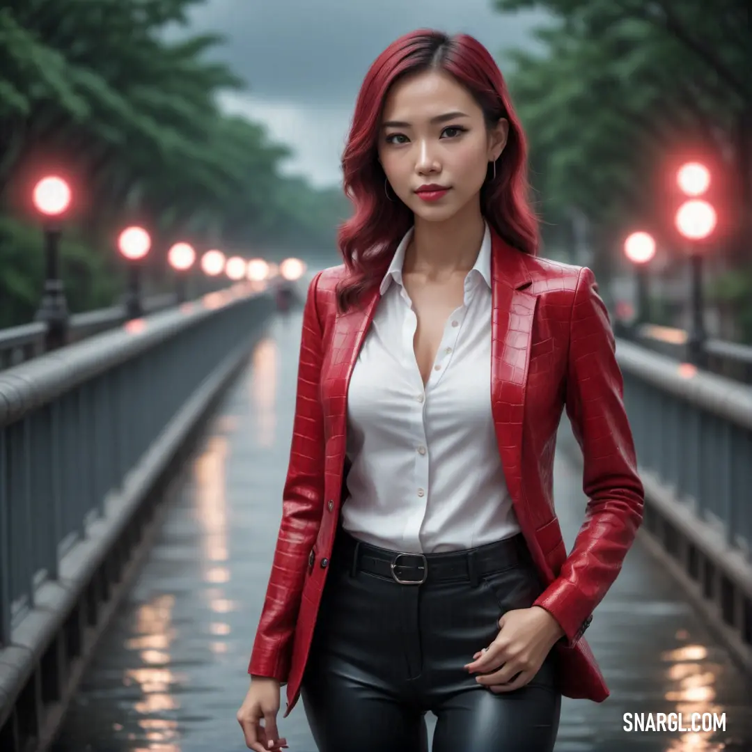 Woman in a red jacket and black pants standing on a bridge