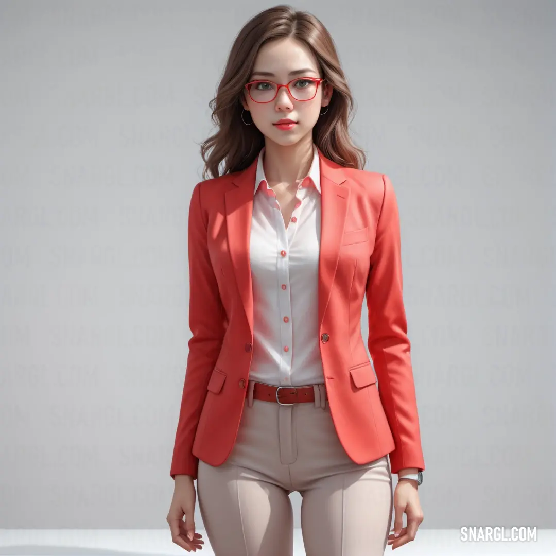 Woman in a red jacket and glasses poses for a picture in a white shirt and tan pants