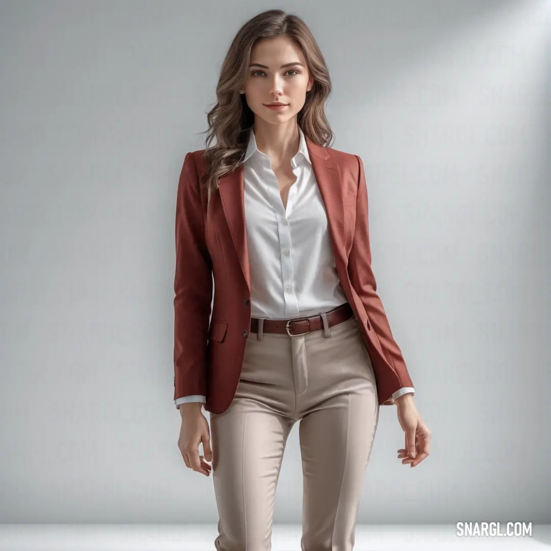 Woman in a red jacket and pants standing in front of a white wall with a light on her