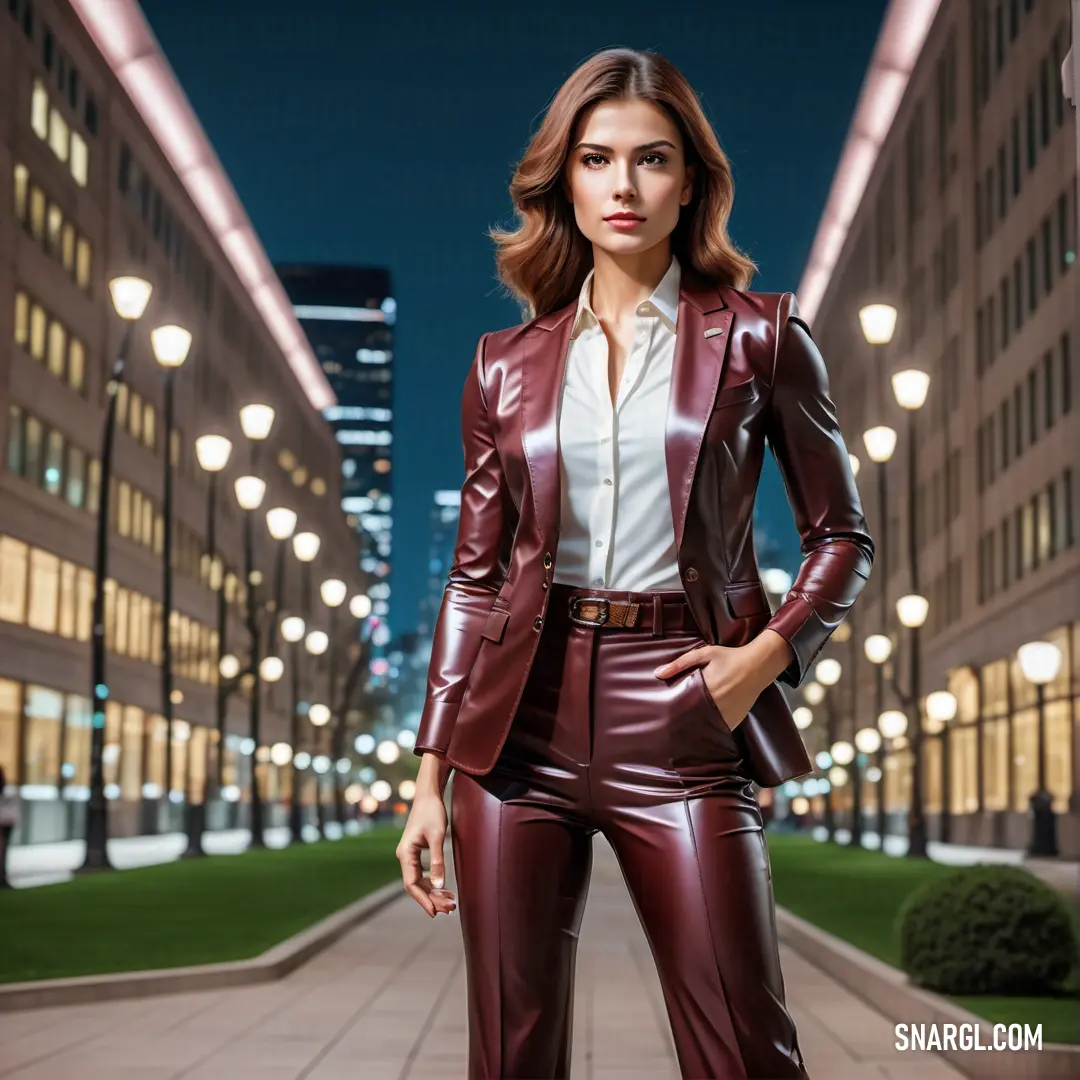 Woman in a red leather suit standing in a city street at night