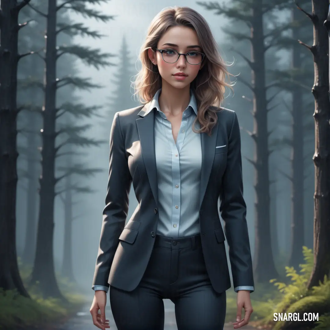 Woman in a suit and glasses standing in the middle of a forest with a path leading to a forest