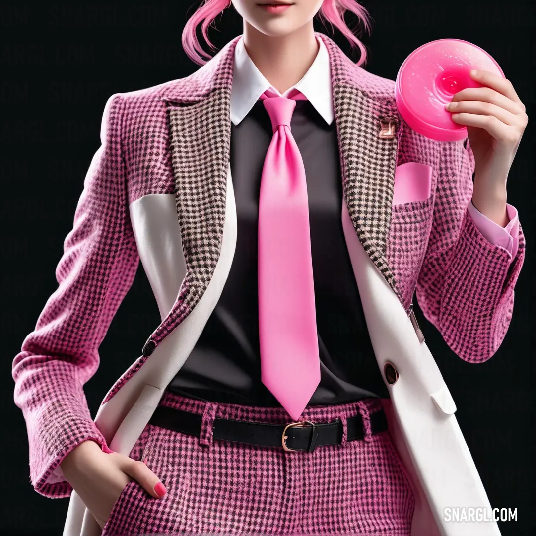 Woman in a suit and tie holding a pink frisbee in her hand and a black background