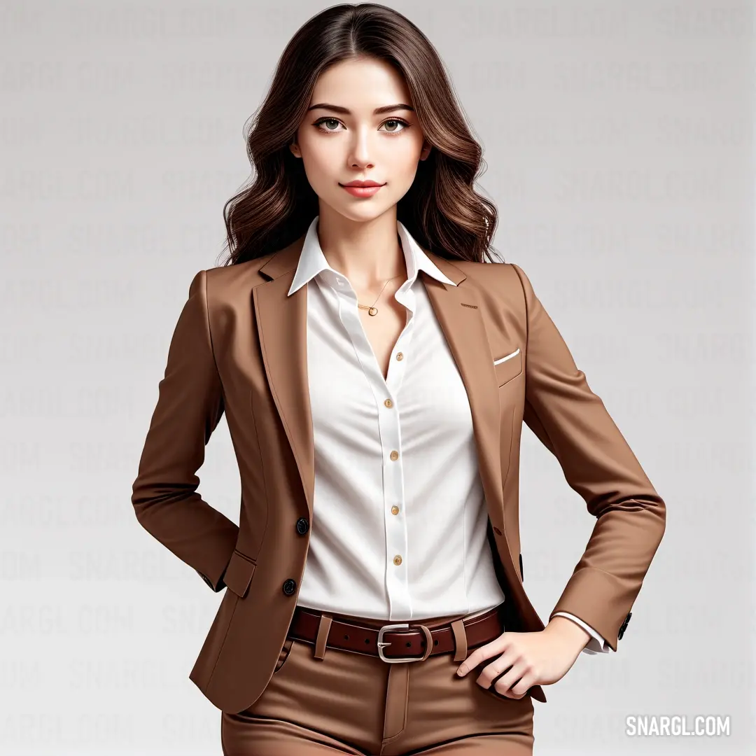 Woman in a suit and white shirt posing for a picture with her hands on her hips