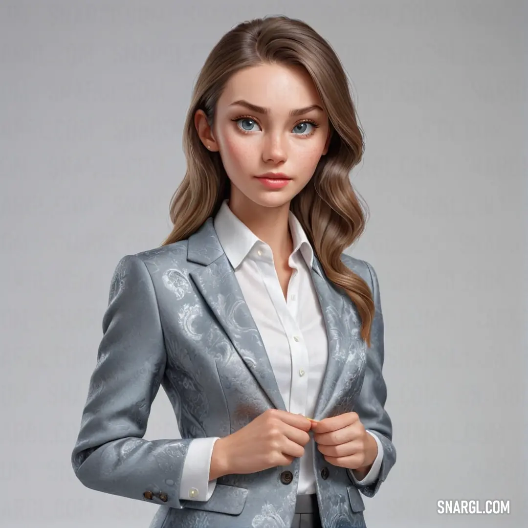 Woman in a suit is posing for a picture with her hands on her hips and her jacket undone