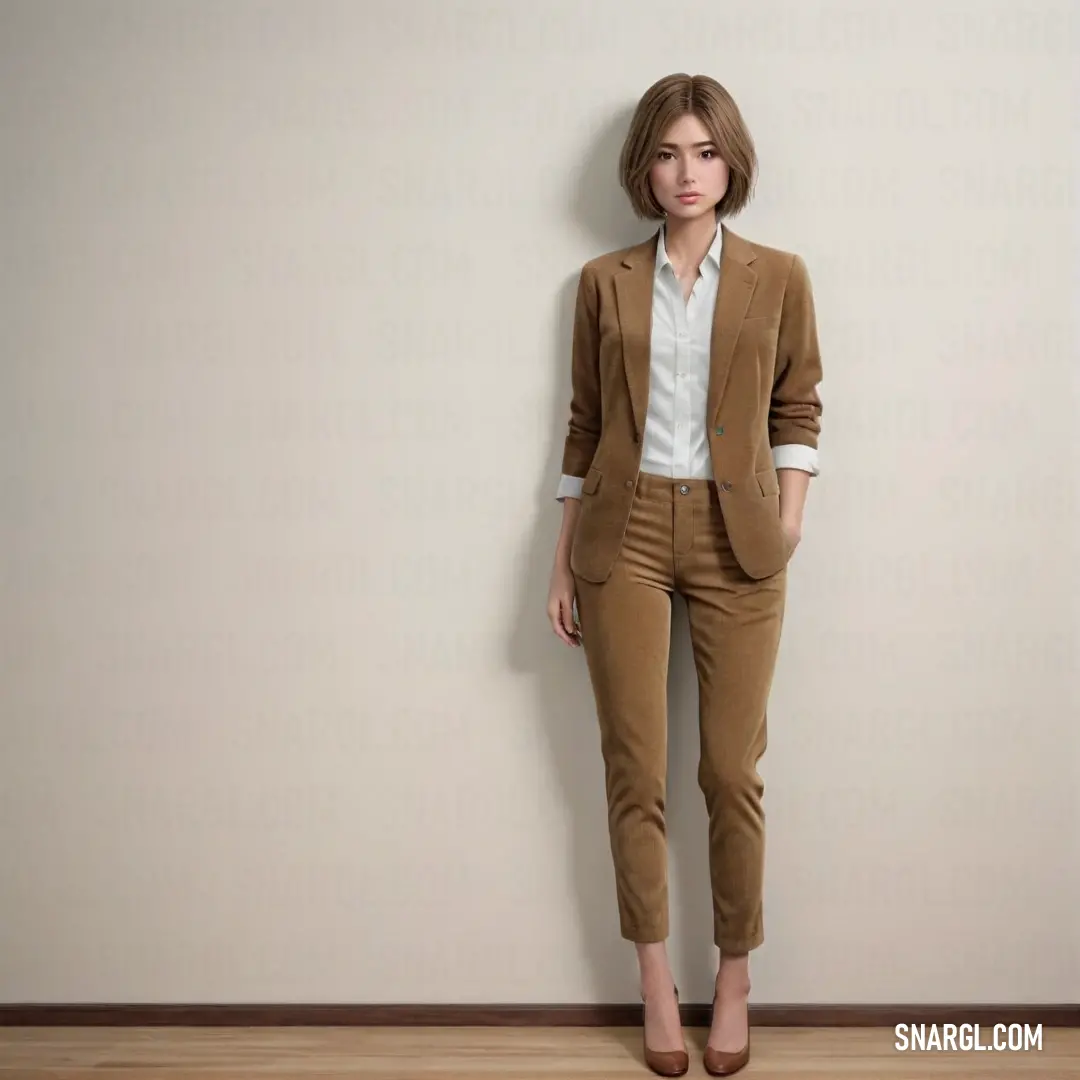 Woman in a suit standing against a wall with her hands in her pockets and her legs crossed