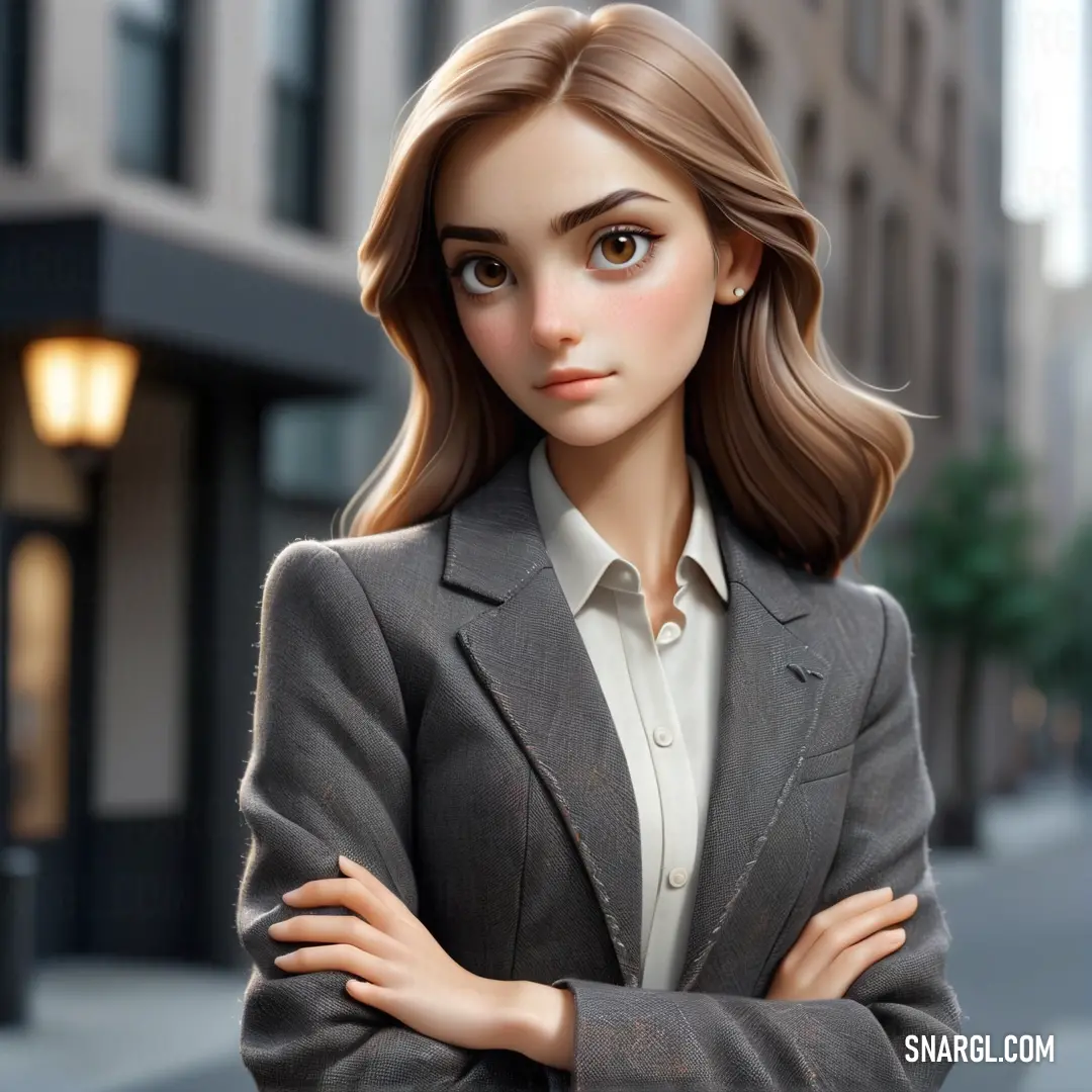 Woman in a suit standing on a city street with her arms crossed and her head tilted to the side