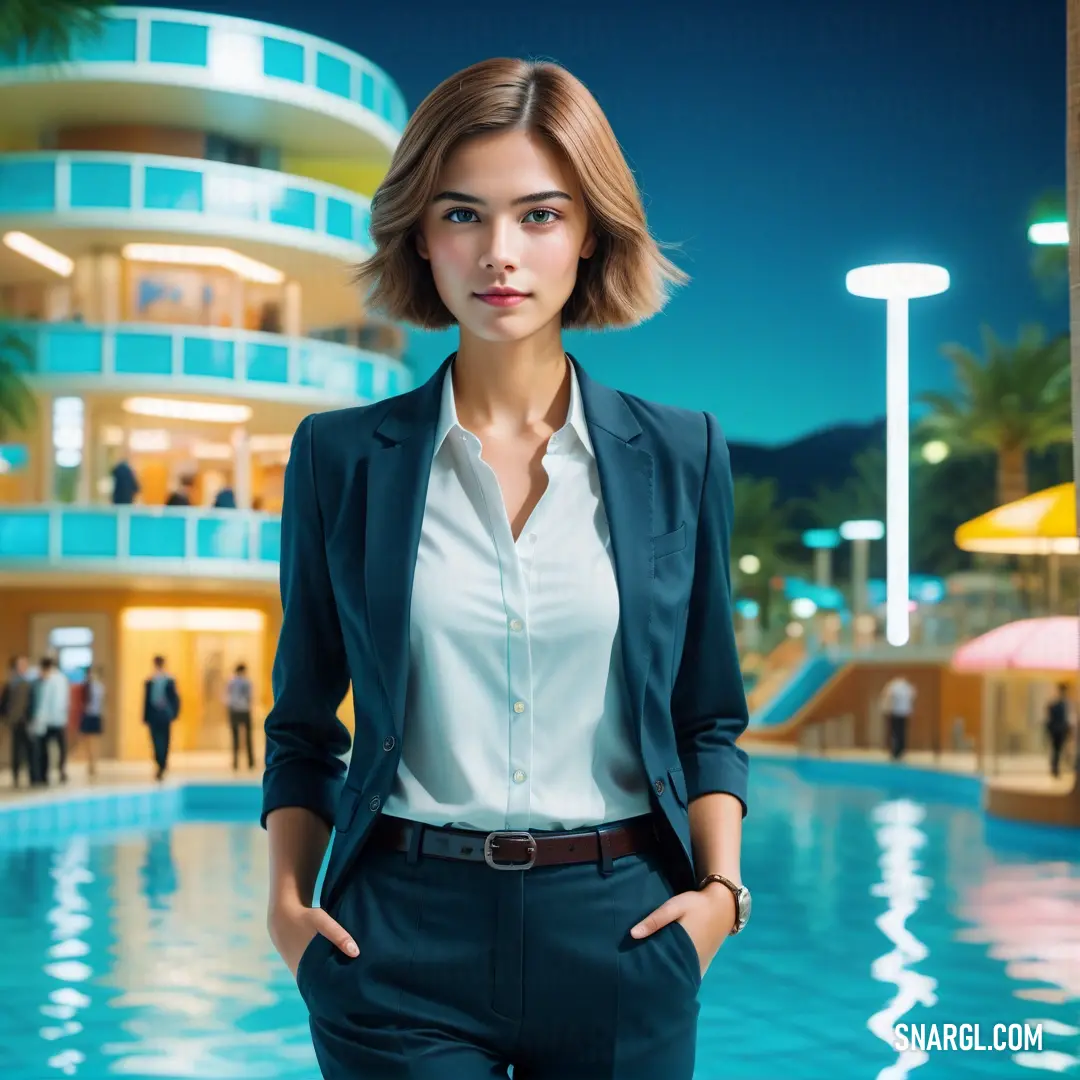 Woman in a suit standing in front of a pool at night with a building in the background and people walking around