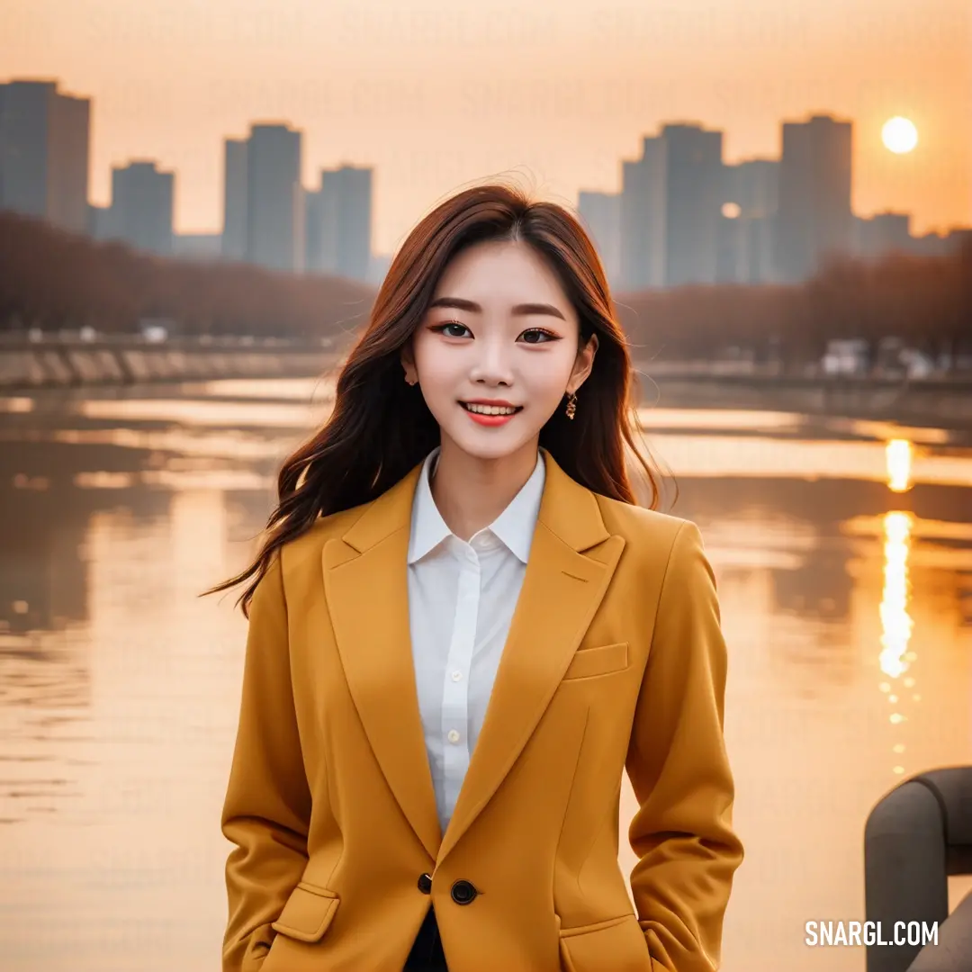 Woman in a yellow jacket standing in front of a body of water with a city in the background