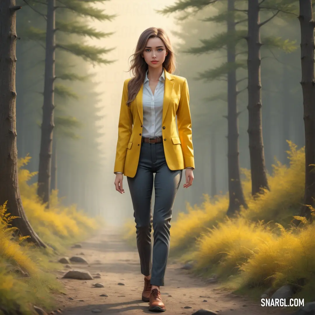 Woman in a yellow jacket is walking down a path in the woods with yellow flowers on the ground