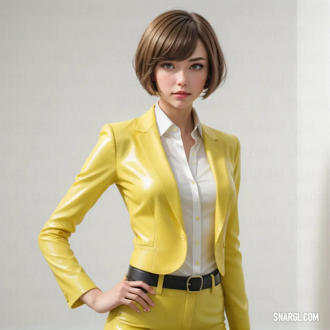 Woman in a yellow suit posing for a picture with her hands on her hips