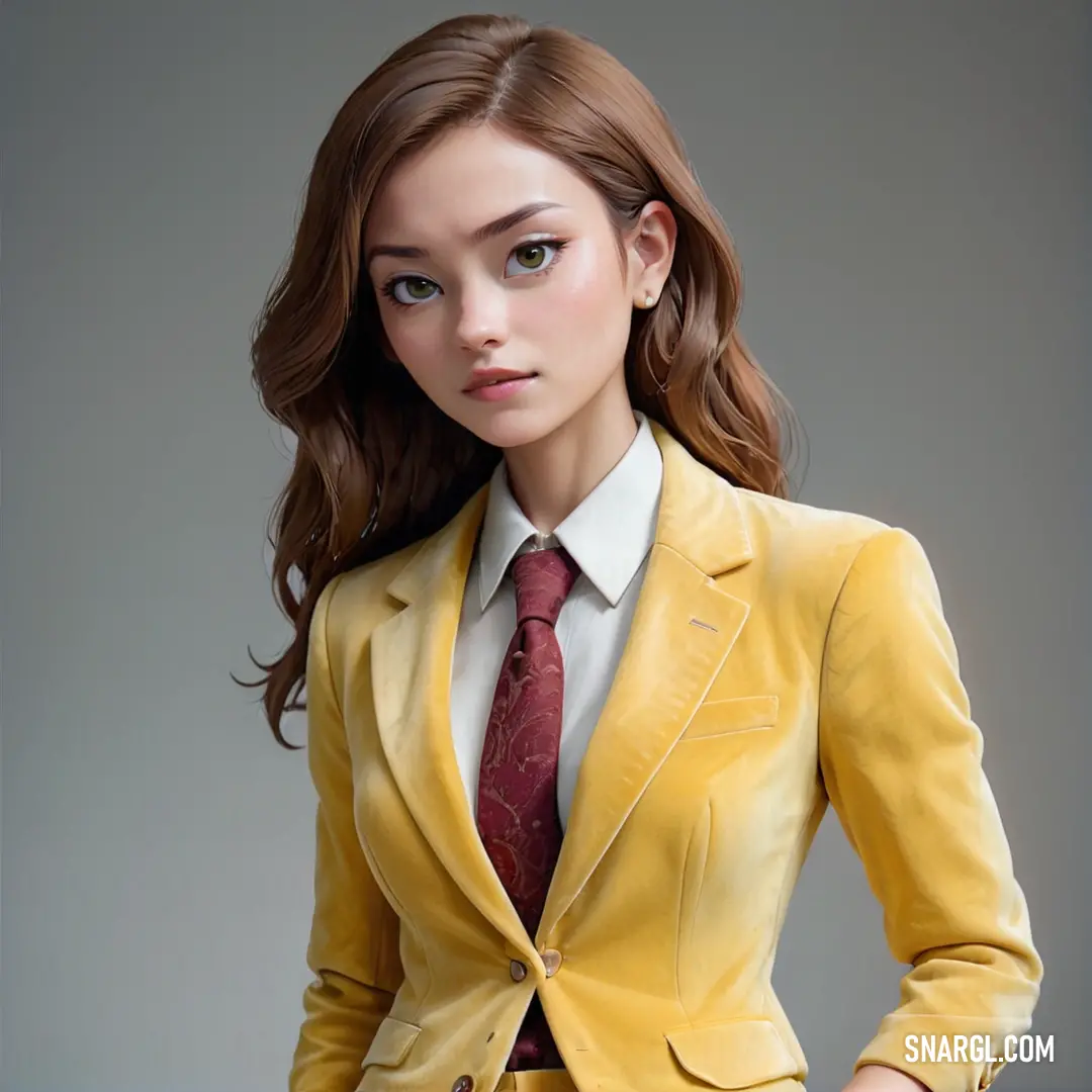 Woman in a yellow suit and tie posing for a picture with her hands on her hips