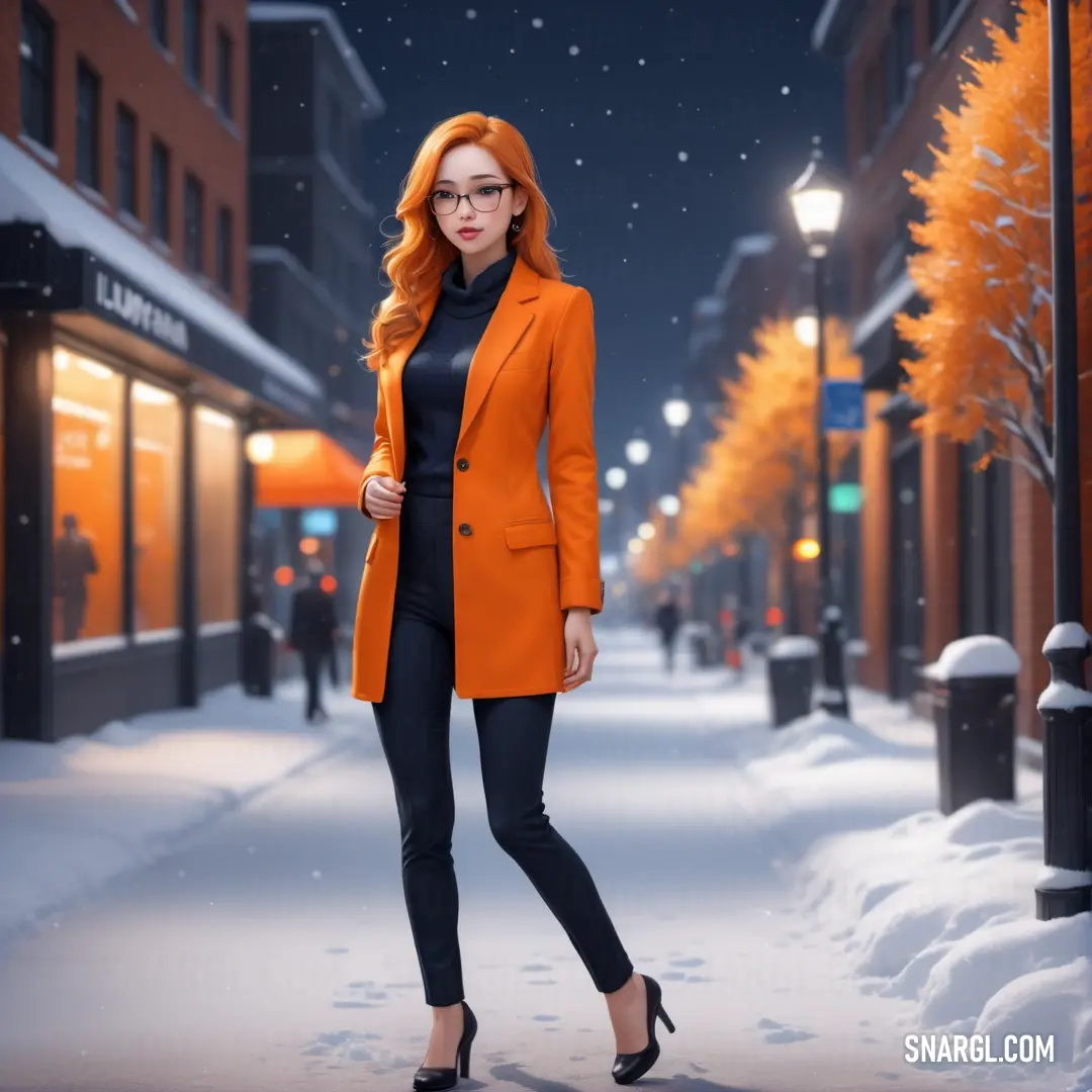 Woman in an orange coat is standing in the snow in a city street at night with a snowy sidewalk