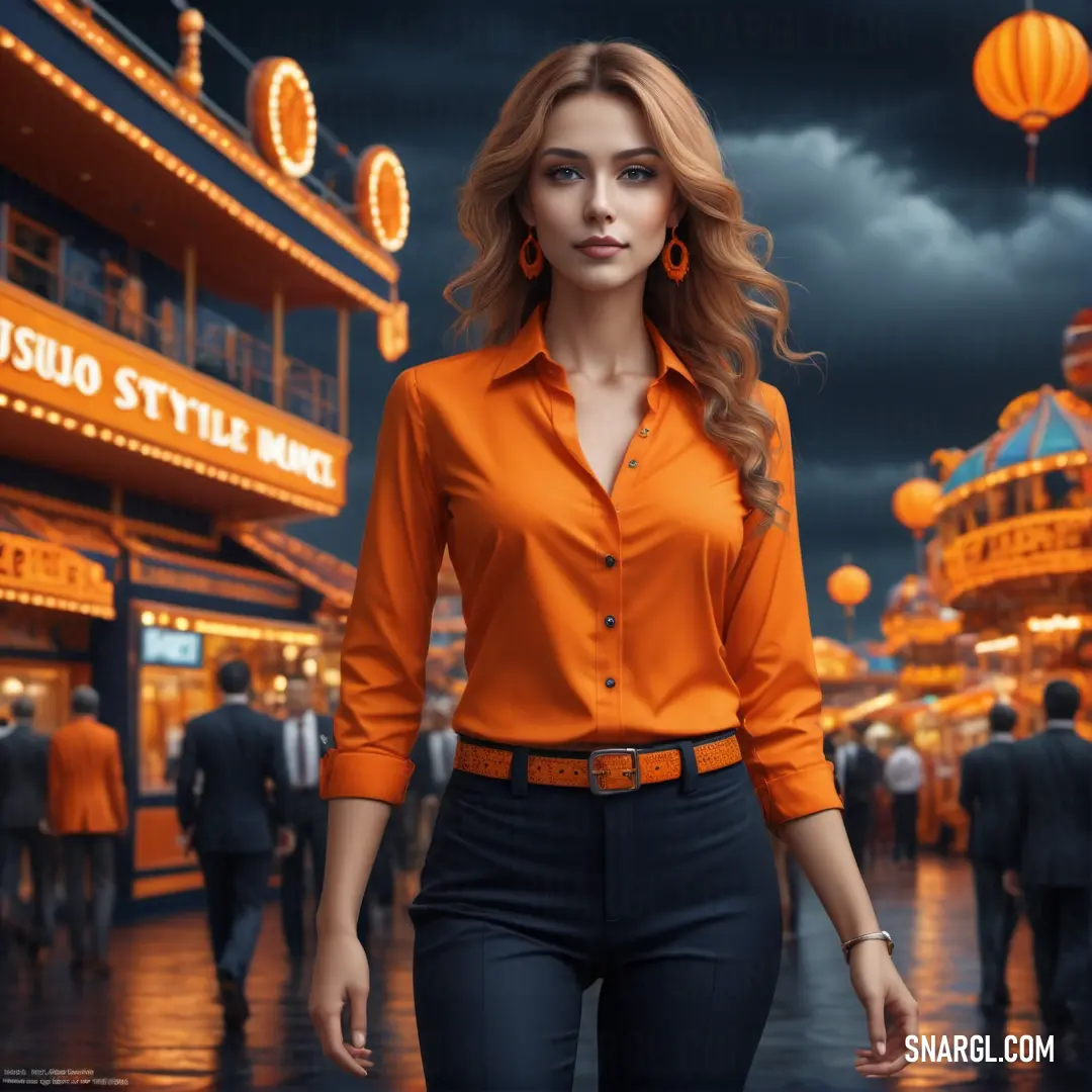 Woman in an orange shirt is walking in a city at night with people in the background and a dark sky