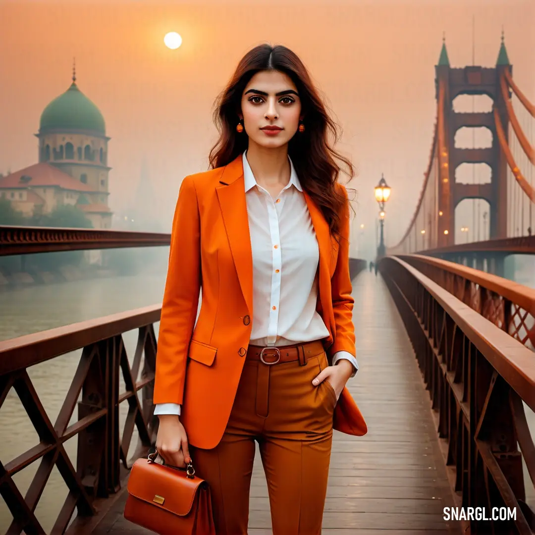 Woman in an orange suit and white shirt is standing on a bridge with a brown purse