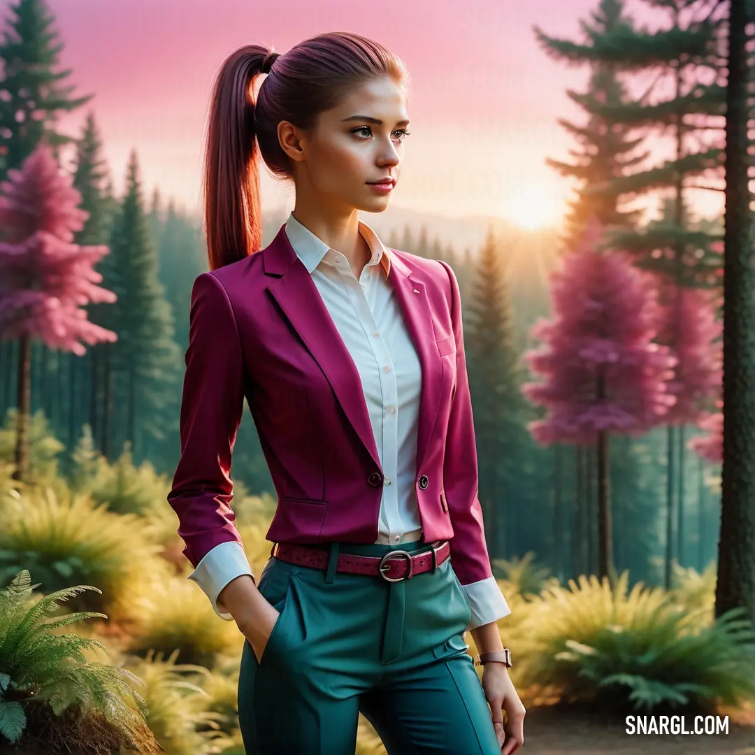 Woman with a ponytail standing in a forest with trees and bushes in the background