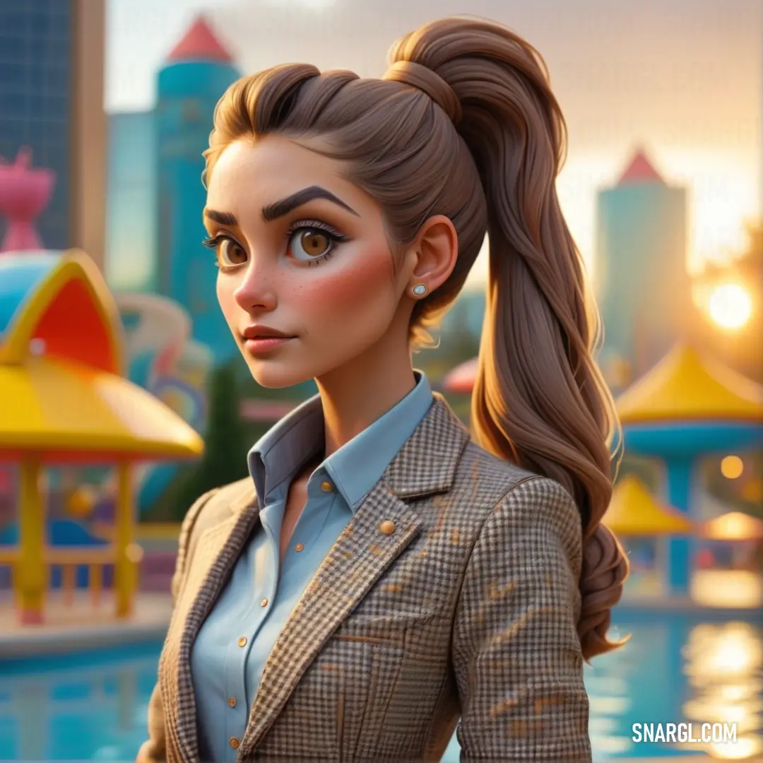 Woman with a ponytail standing in front of a pool of water with a city in the background and a carousel