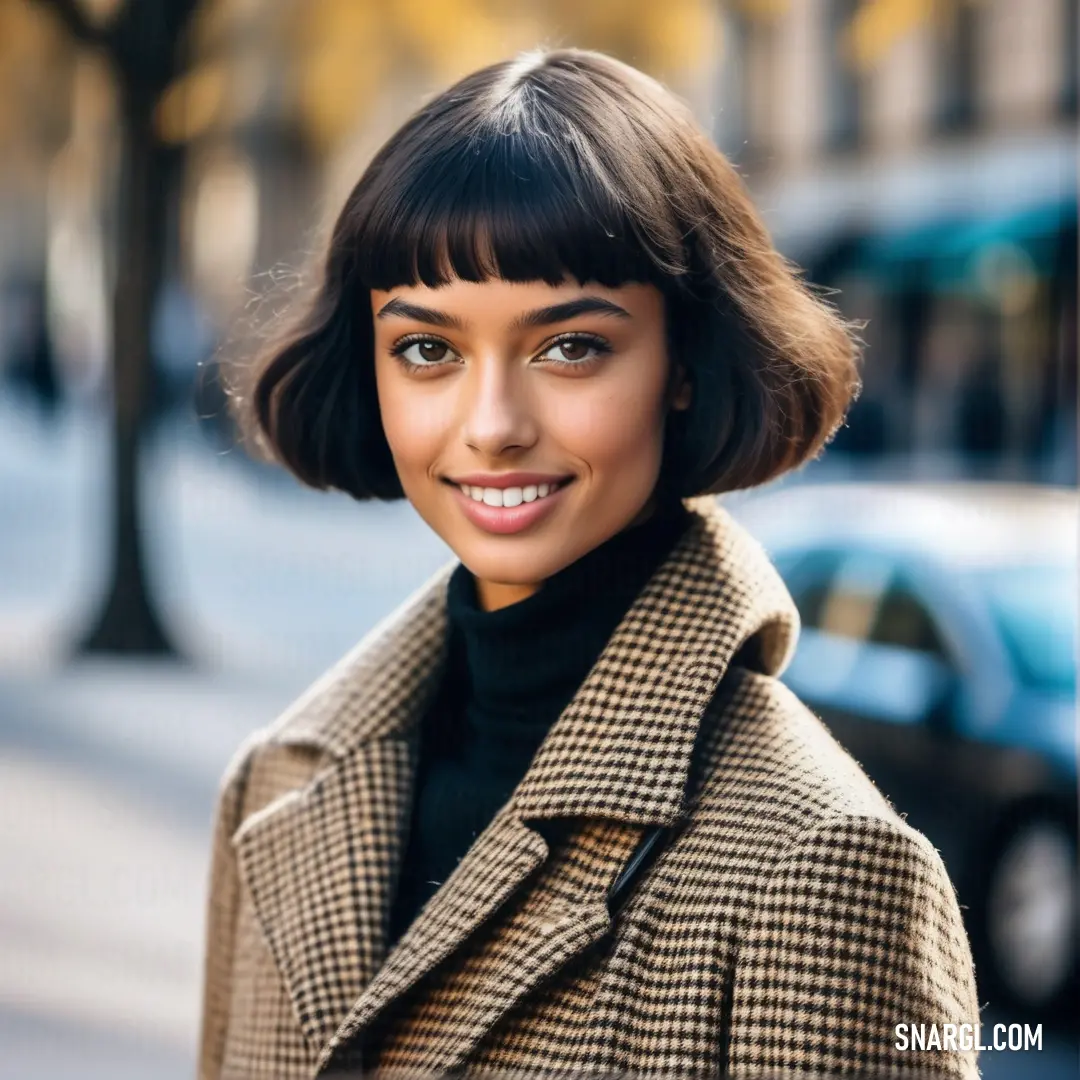 Woman with a short bobble haircut and a black turtle neck sweater smiles at the camera while standing on a city street