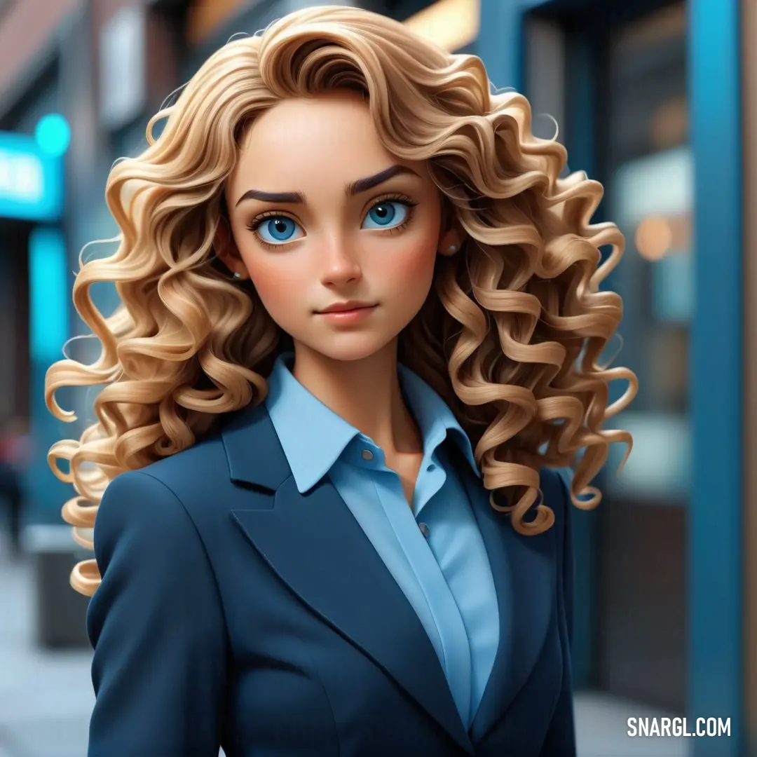 Woman with blonde hair and blue eyes is standing on a city street with a business suit on