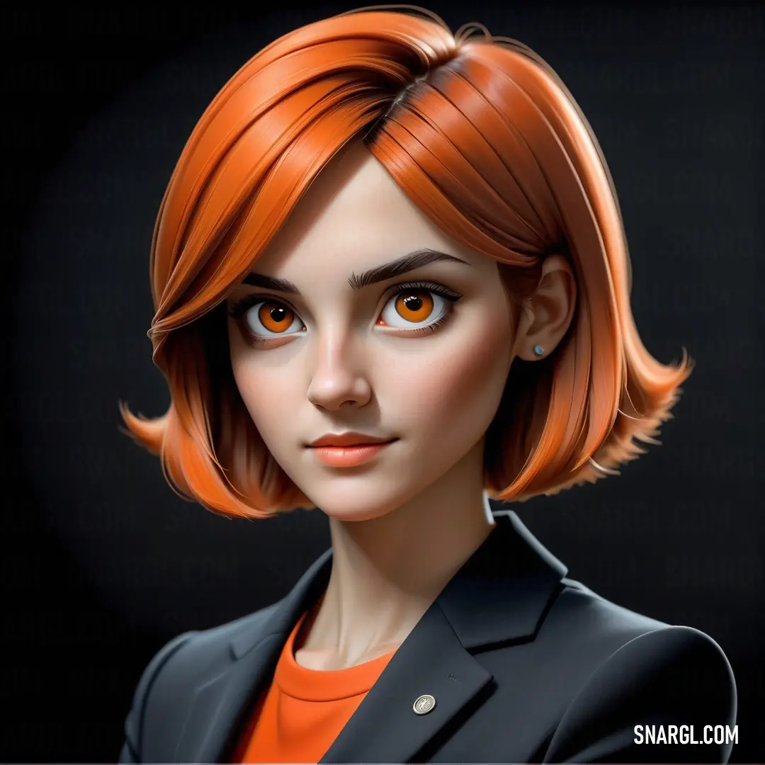 Woman with orange hair and a black suit jacket is looking at the camera with a serious look on her face