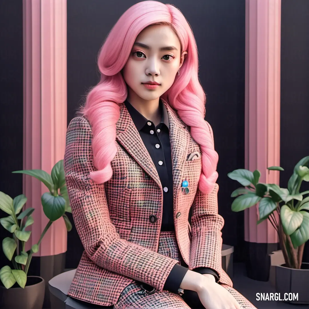 Woman with pink hair on a bench in a suit and tie with a plant in the background