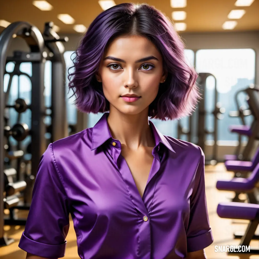 Woman with purple hair standing in a gym with a purple shirt on and a purple belt around her waist