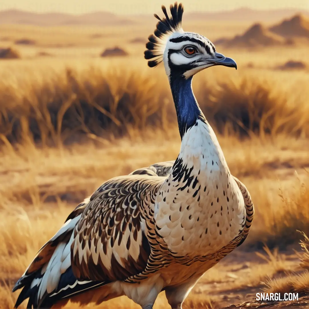 Bustard standing in a field of dry grass and grass bushes in the background