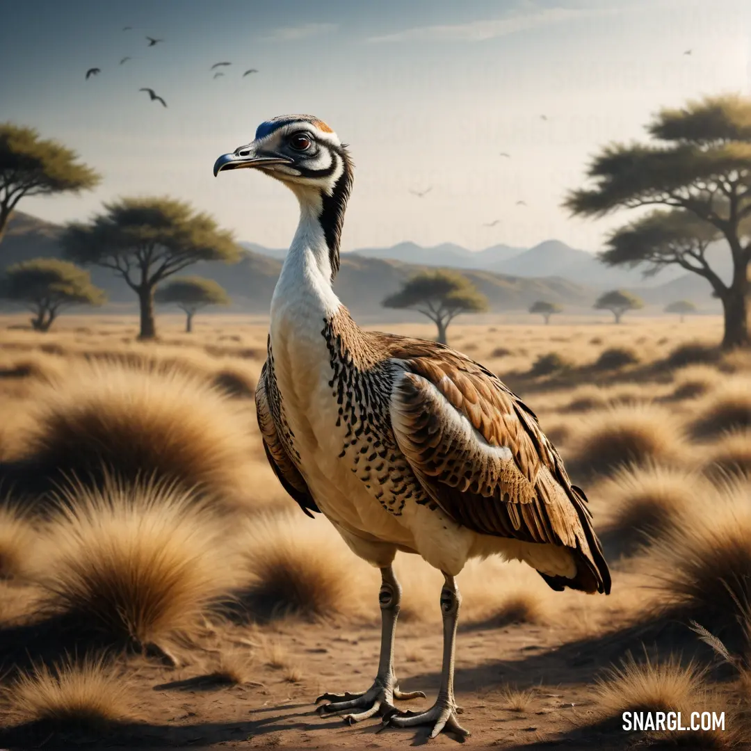 Bustard standing in a field with trees in the background