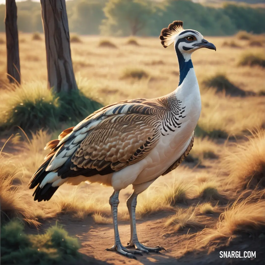 Bustard standing on a dirt road in a field of grass and trees in the background
