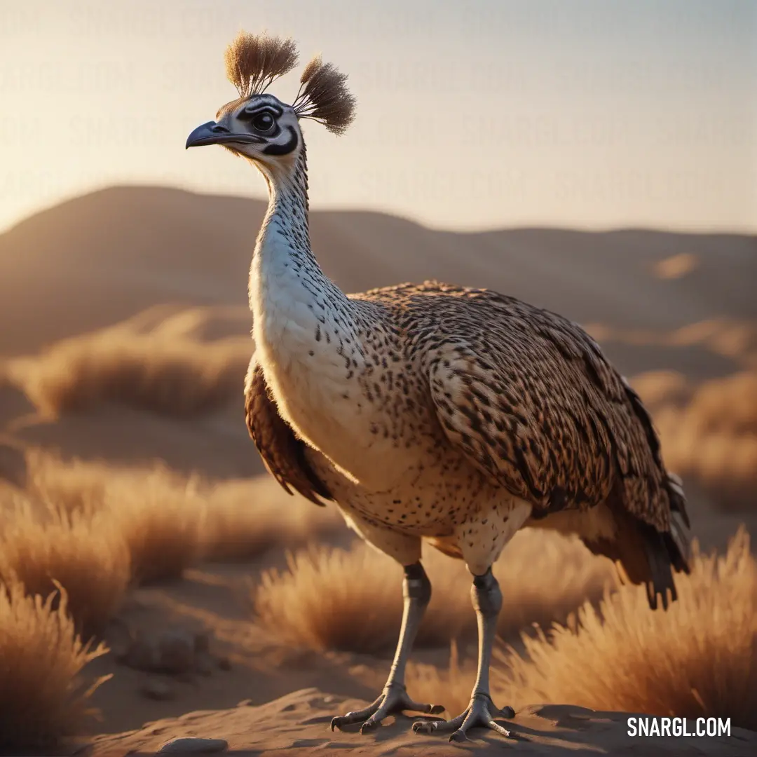 Bustard with a long neck standing in the desert with a sunset in the background