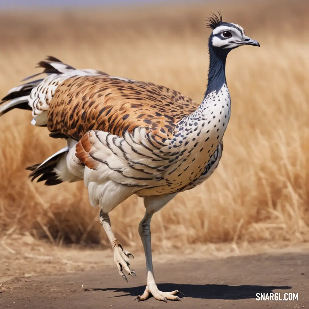 Bustard with a long neck and a long tail standing on a dirt road in front of a field
