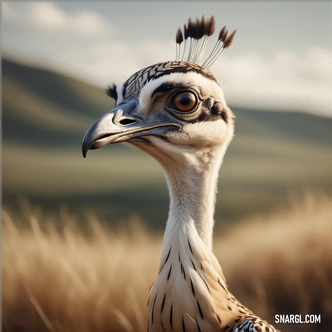 Bustard with a very large head and a very long neck standing in a field of tall grass with a mountain in the background
