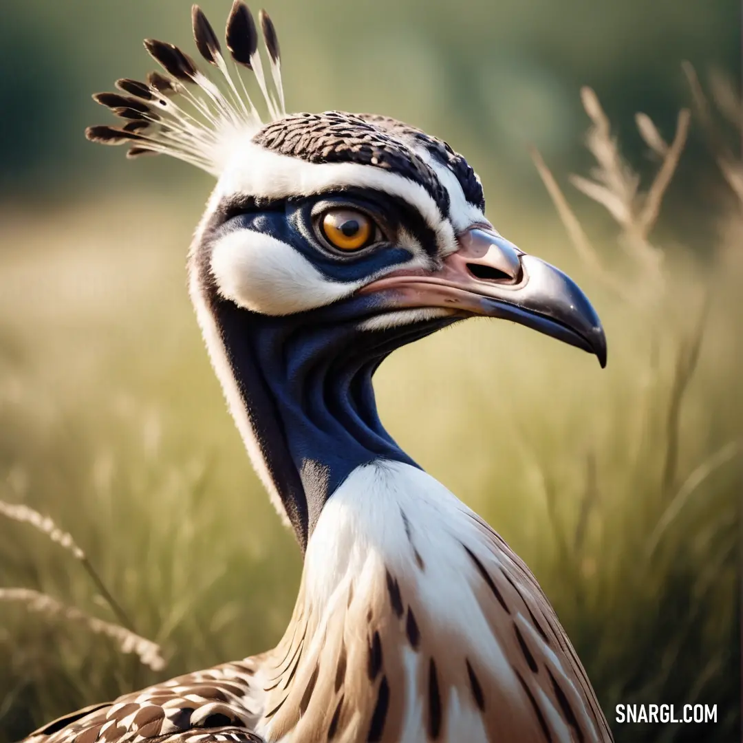 Bustard with a white head and blue eyes standing in a field of grass with tall grass behind it