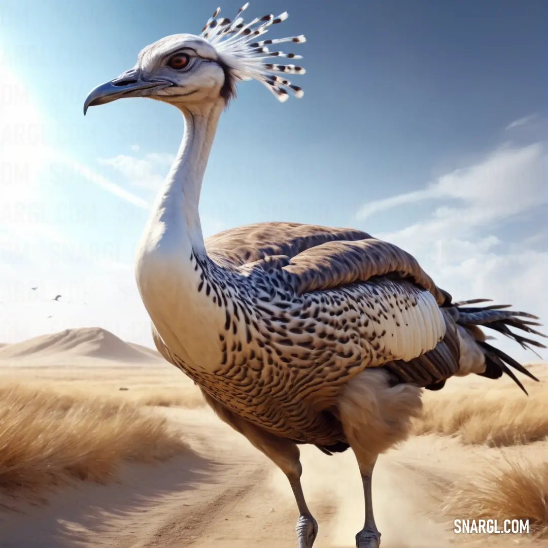 Large Bustard standing on top of a dirt road in the desert with a sky background