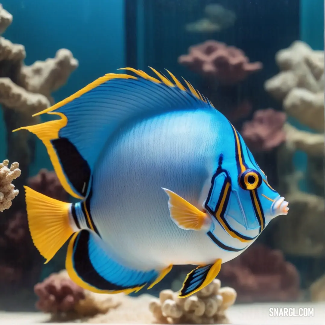 Blue and yellow fish in a large aquarium tank with corals