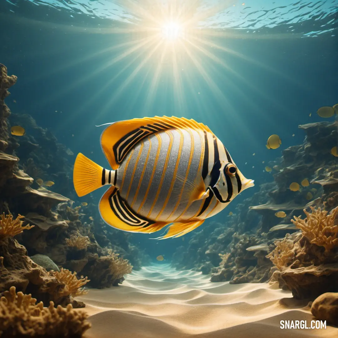 Fish swimming in the ocean with sun shining through the water's bubbles and sand under the water