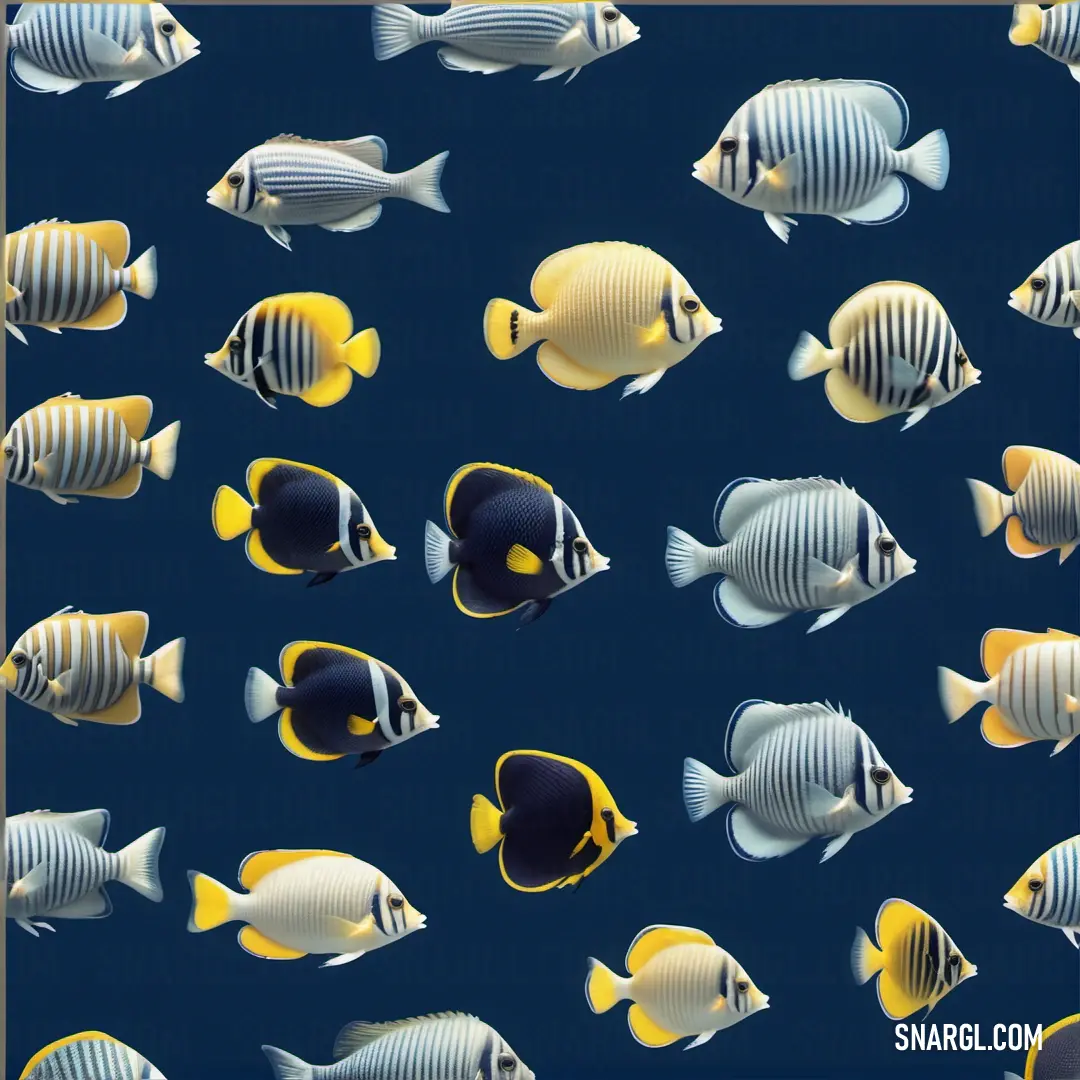 Group of fish swimming in a blue ocean next to each other on a blue background