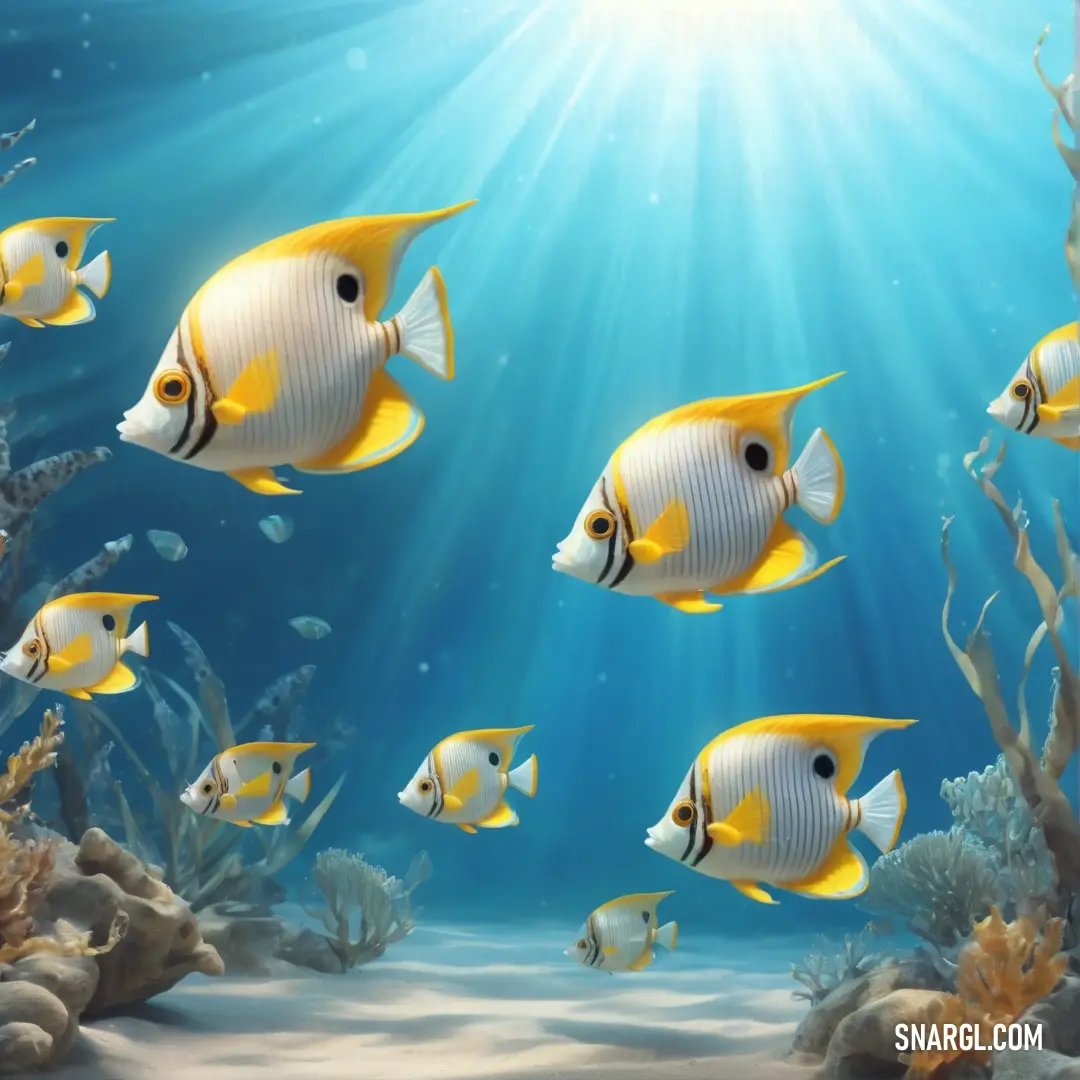 Group of fish swimming in a blue ocean with sunbeams and corals on the bottom of the water