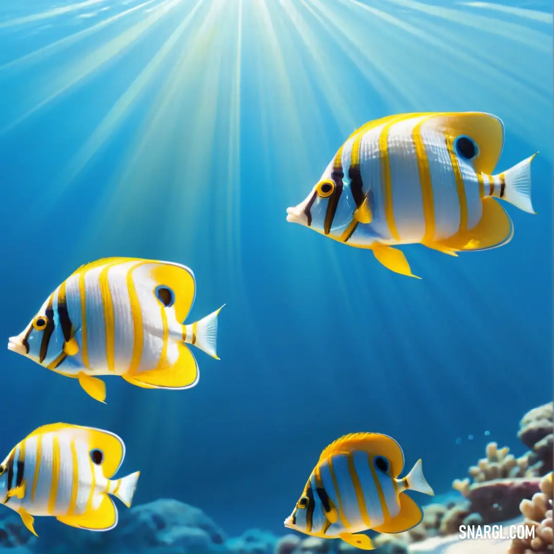 Group of fish swimming in the ocean under the sunbeams of the ocean floor with a coral and seaweed