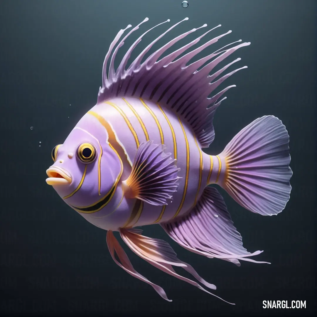 Purple fish with yellow stripes swimming in the water with bubbles of water around it's sides and a black background