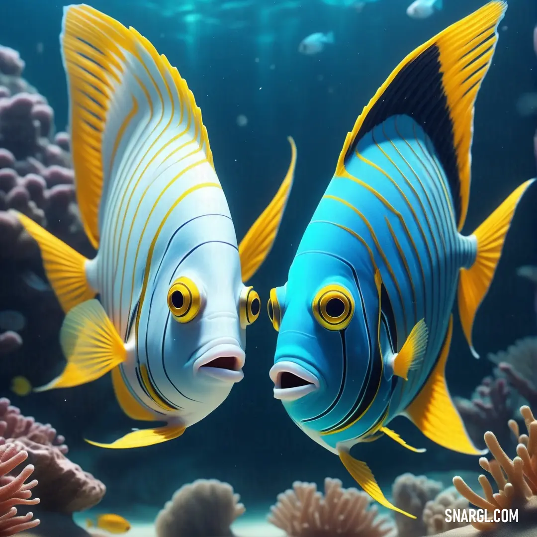 Two blue and yellow fish swimming in an aquarium with corals and seaweeds in the background