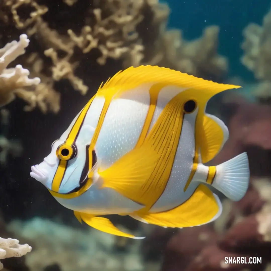 Yellow and white fish swimming in a coral reef with corals in the background