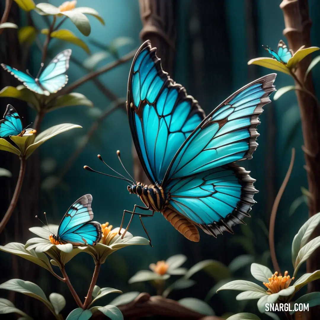 Blue butterfly flying over a bunch of flowers in a forest with lots of green leaves