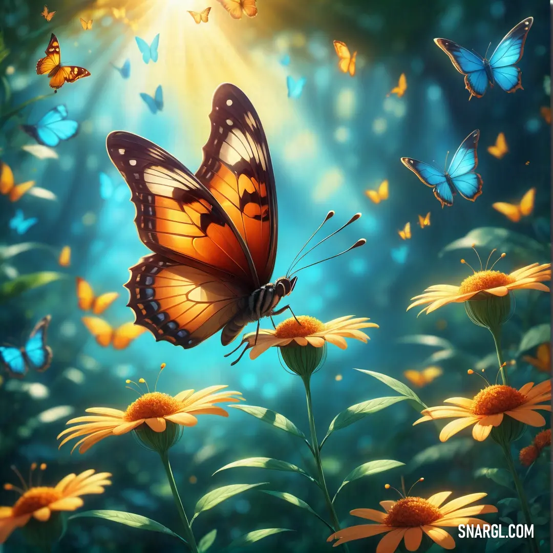 Butterfly flying over a field of yellow flowers with a bright sun in the background