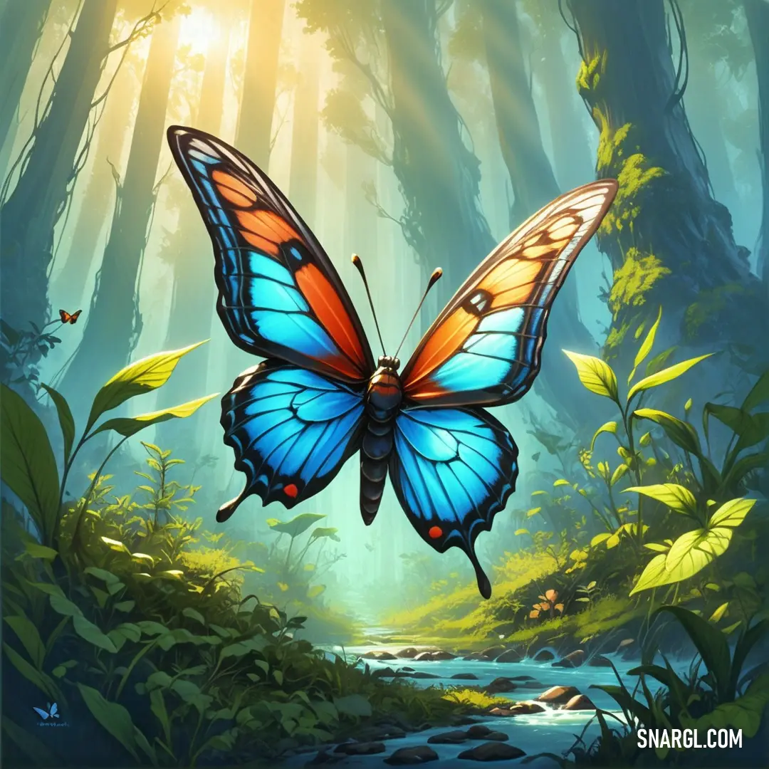 Butterfly flying over a forest filled with lots of trees and plants on a sunny day with sunlight streaming through the leaves