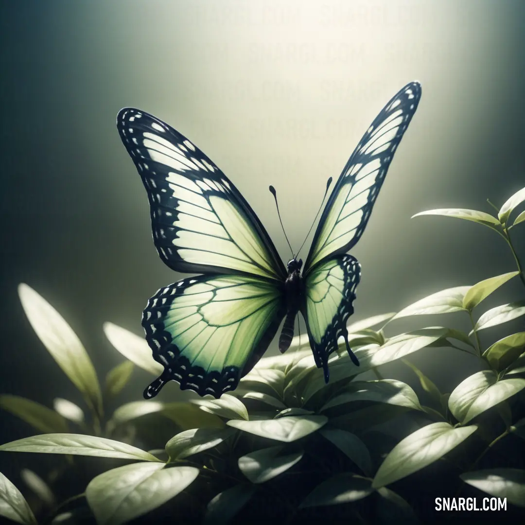 Butterfly on top of a leafy plant with sunlight shining through the leaves on the back of it