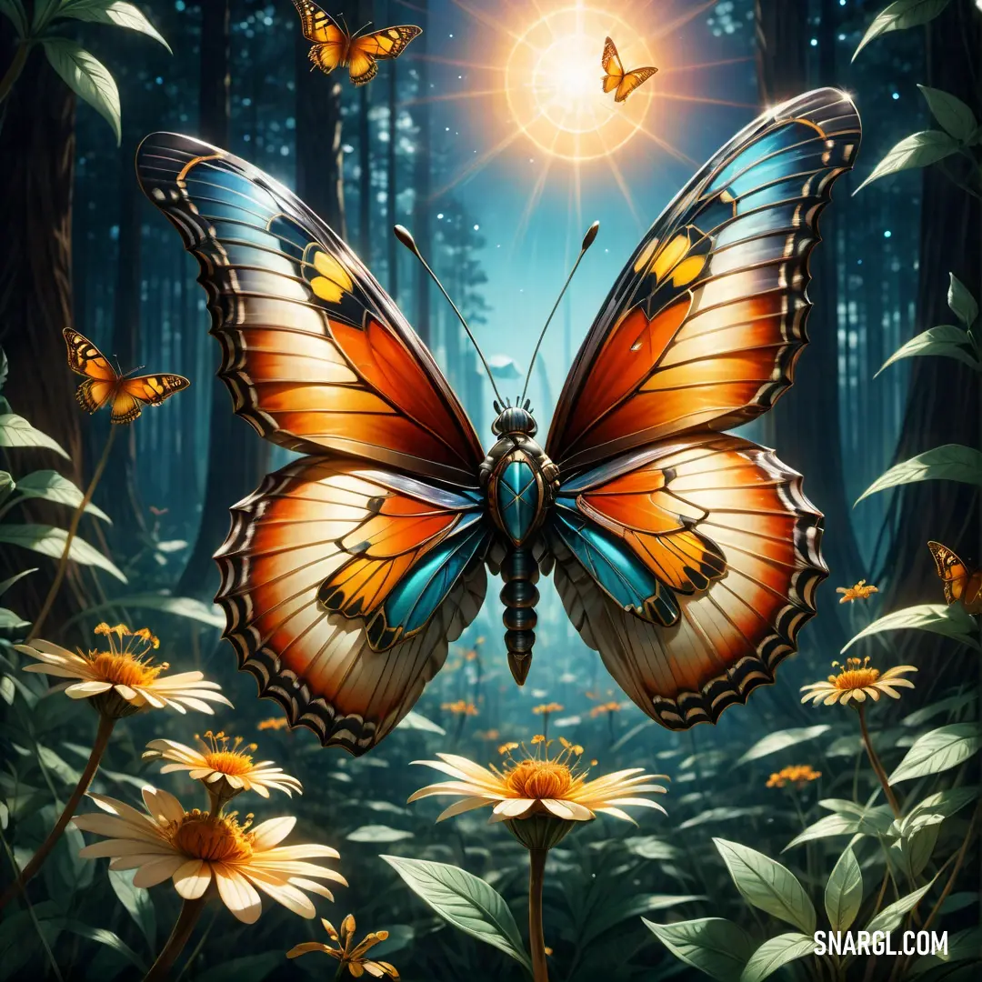 Butterfly with a bright orange wings flying over a forest filled with yellow flowers and daisies