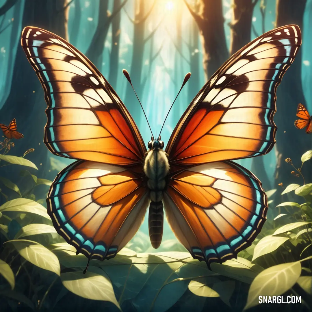 Butterfly with a bright orange wings in a forest with green leaves and sunlight shining through the trees and leaves