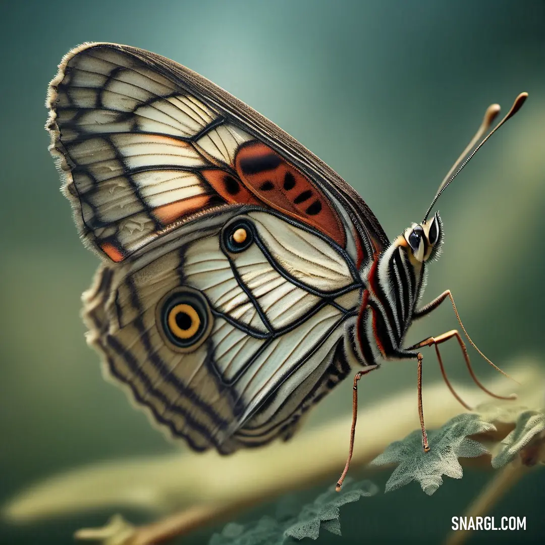 Butterfly with a striped wing and orange eyes on a leaf with a green background
